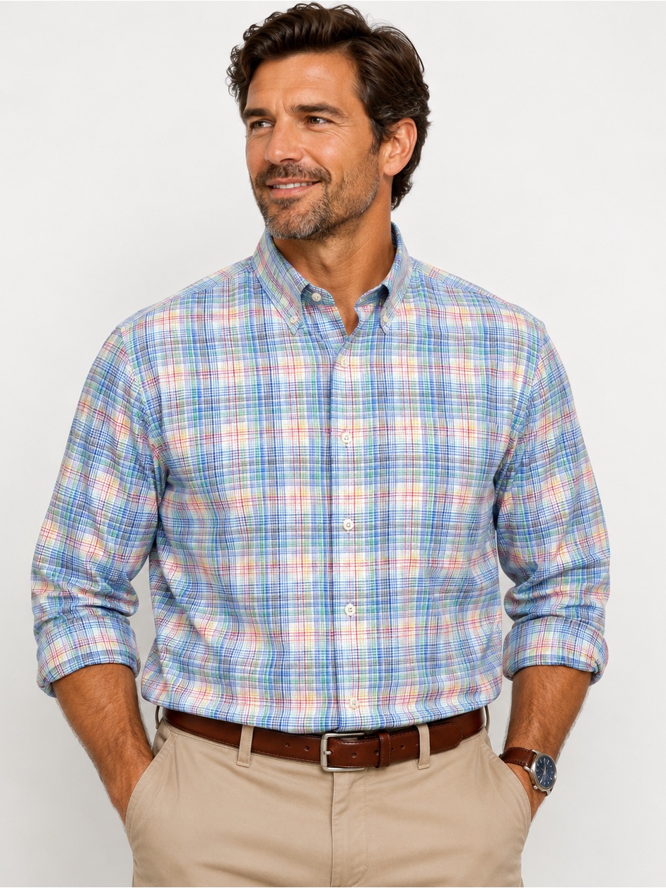 Alan Flusser Mens L Blue Plaid Button Front Dress Shirt 100% Cotton Classic